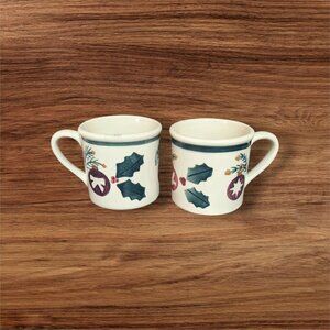 Vintage Hartstone Pottery Christmas Mugs Set Of 2 Holly & Ornament Hand Painted
